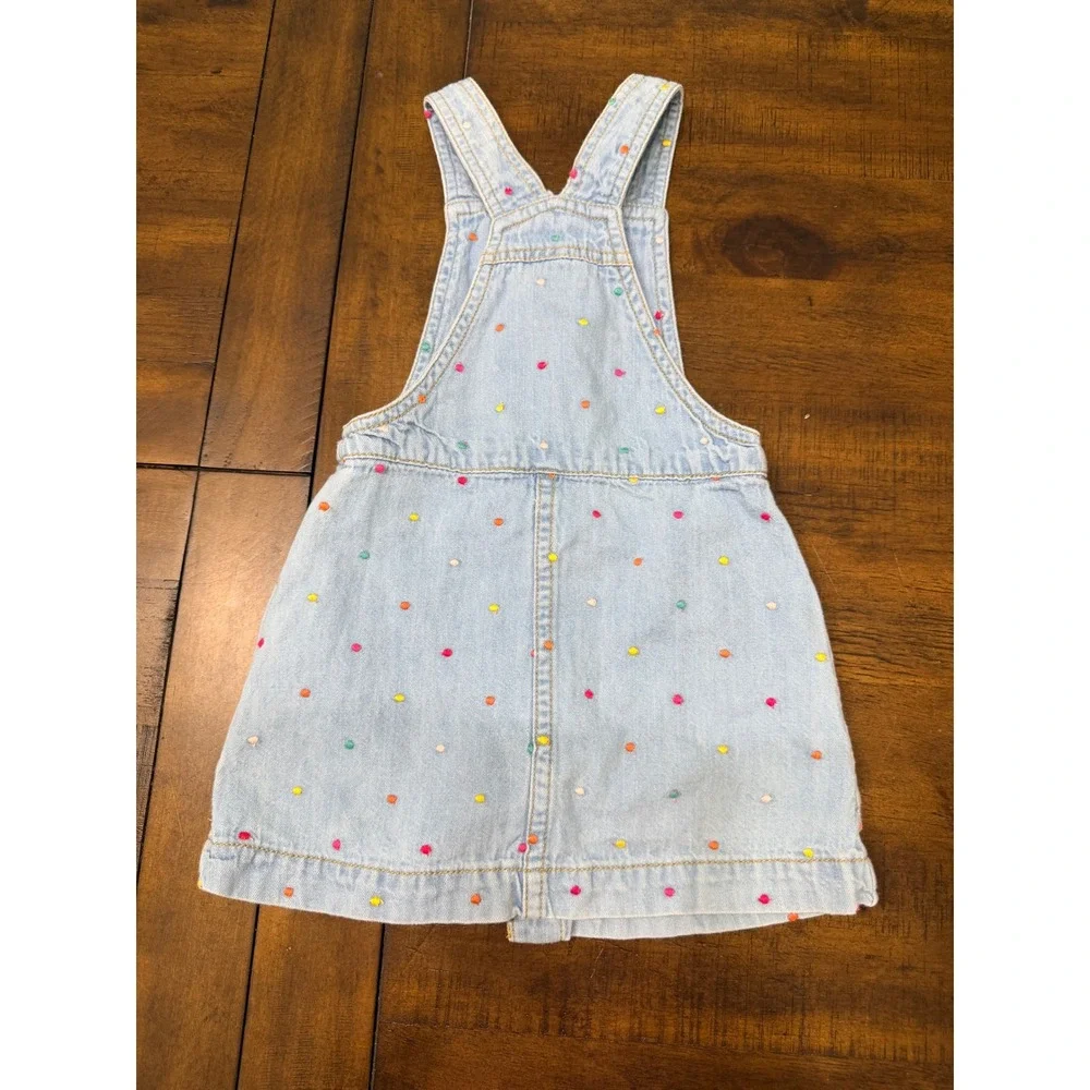 Bopster & Mimi Girls 2T Denim Jumper Dress Embroidered Polka Dot Snap Front Blue